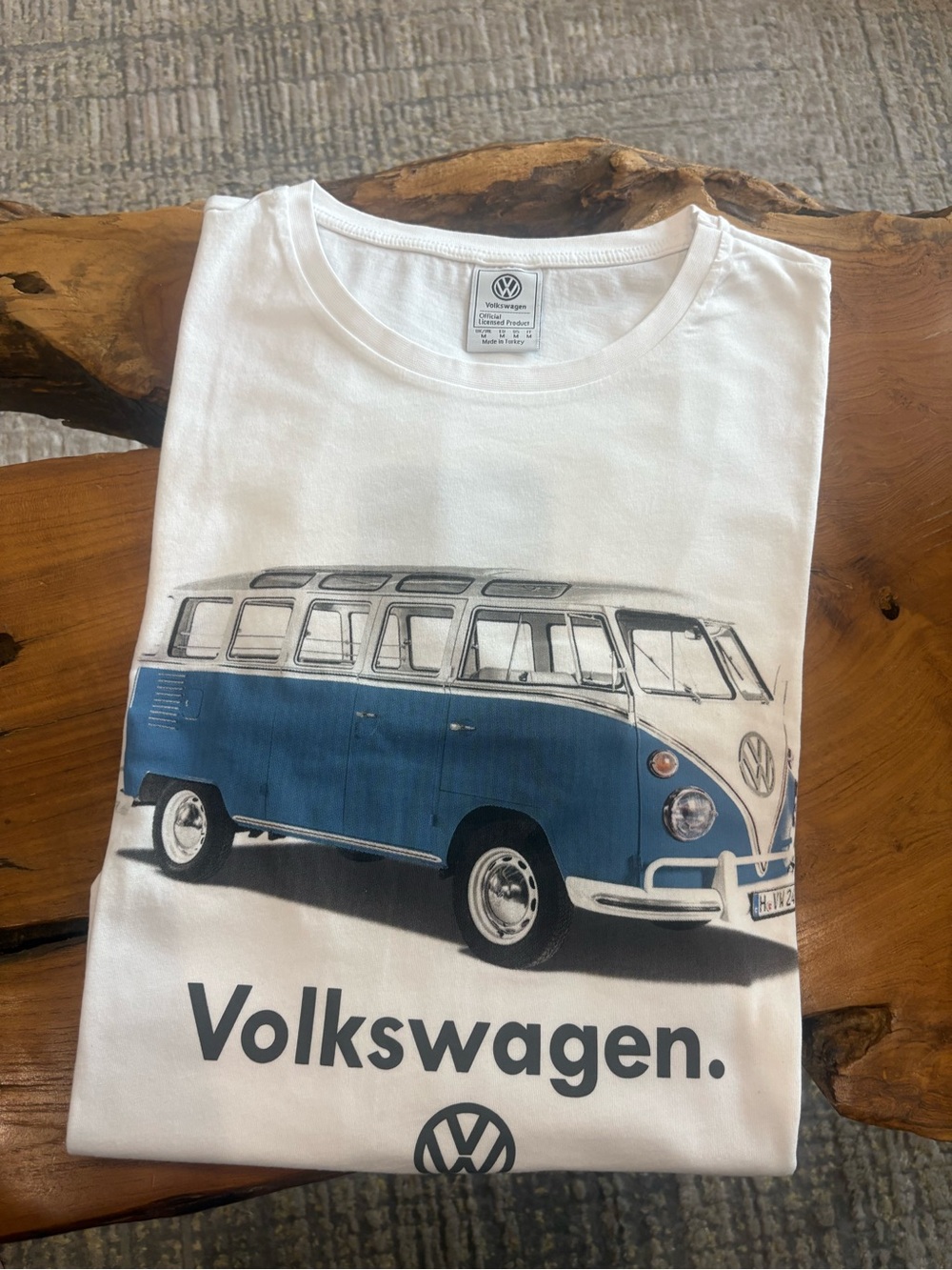 Volkswagen Men’s White Graphic Tee with Blue Vintage Bus